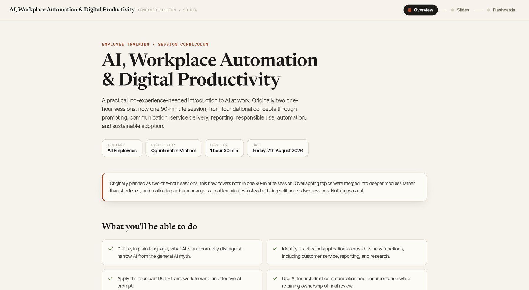 AI in the Workplace training hub: session curriculum overview