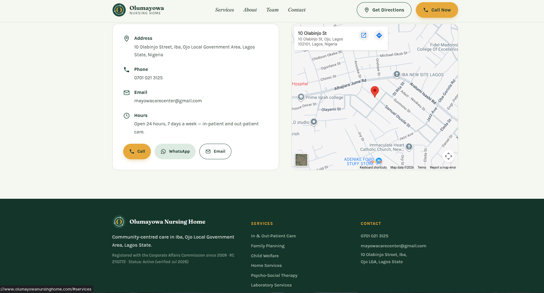 Olumayowa Nursing Home: contact section with map